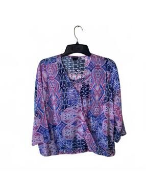 New Directions Boho Purple Women's Paisley Artsy 3/4 Sleeve Flowy Top Medium